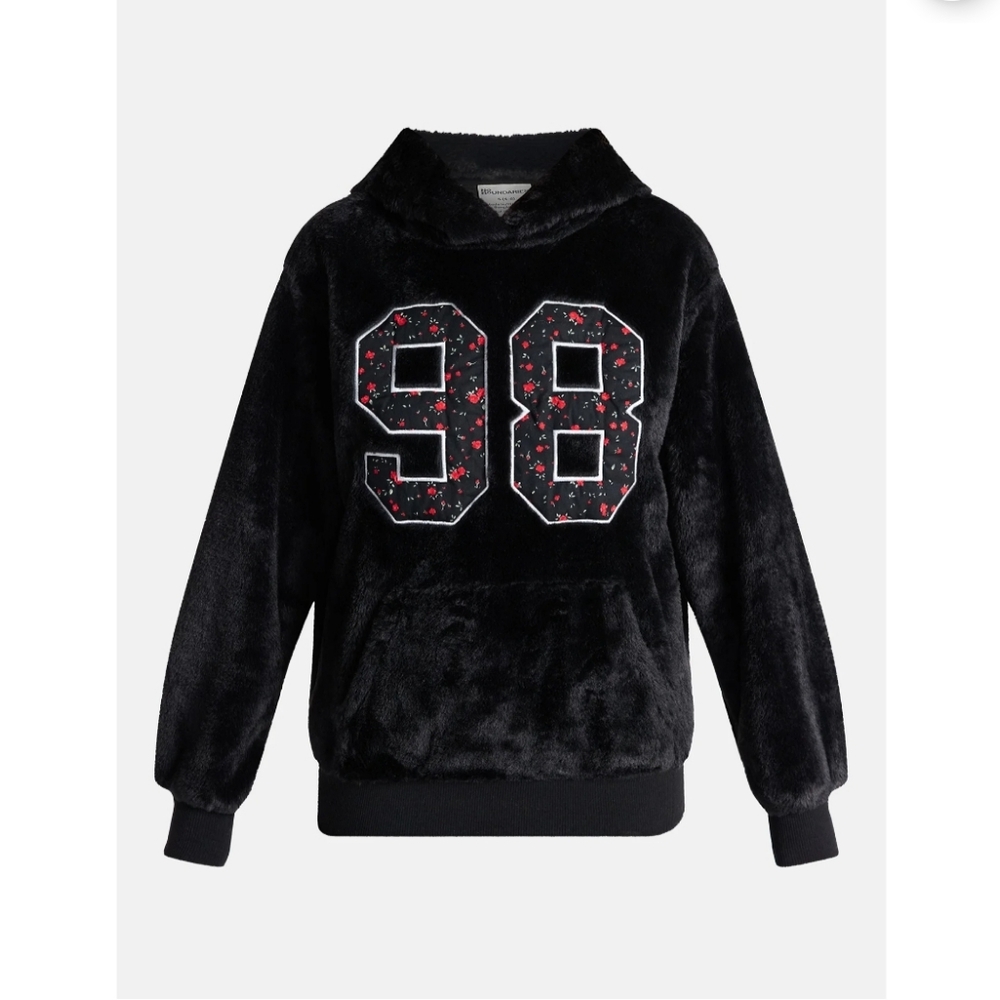 No Boundaries Women's Size M (8-10) Faux Fur Graphic Hoodie NWT Black Soot